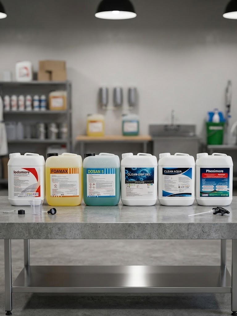 مجموعة منتجات M&S Trade: Iodomore وFoamax وDosan 5 وClean-DSP Gel وClean Aqua وPhenimore على طاولة من الستانلس